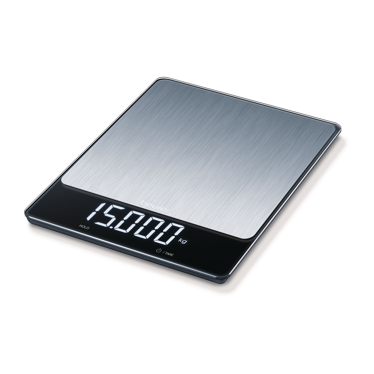 Beurer KS 34 XL Inox, Bilancia da Cucina Elettronica con Portata Fino a 15 kg, Display LED, Funzione Tara e Rivestimento Antimpronta
