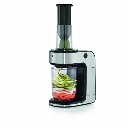 WMF KULT X Affettatrice Elettrica per Verdure e Frutta 1,25 L 80 W Nero, Cromo, Trasparente con 3 Inserti da Taglio