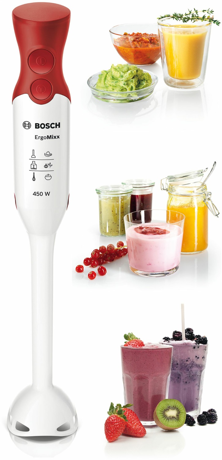 Bosch MSM64010 Frullatore a Immersione 450 W con Lama a 4 Ali, Funzione Turbo, Impugnatura Soft Touch, Bianco e Rosso