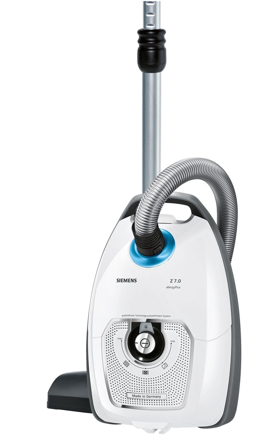 Siemens VSZ7442S Aspirapolvere a Cilindro 650 W con Sacchetto, Capacità 5 L, Allergy Plus, Estremamente Silenzioso, Colore Grigio e Bianco