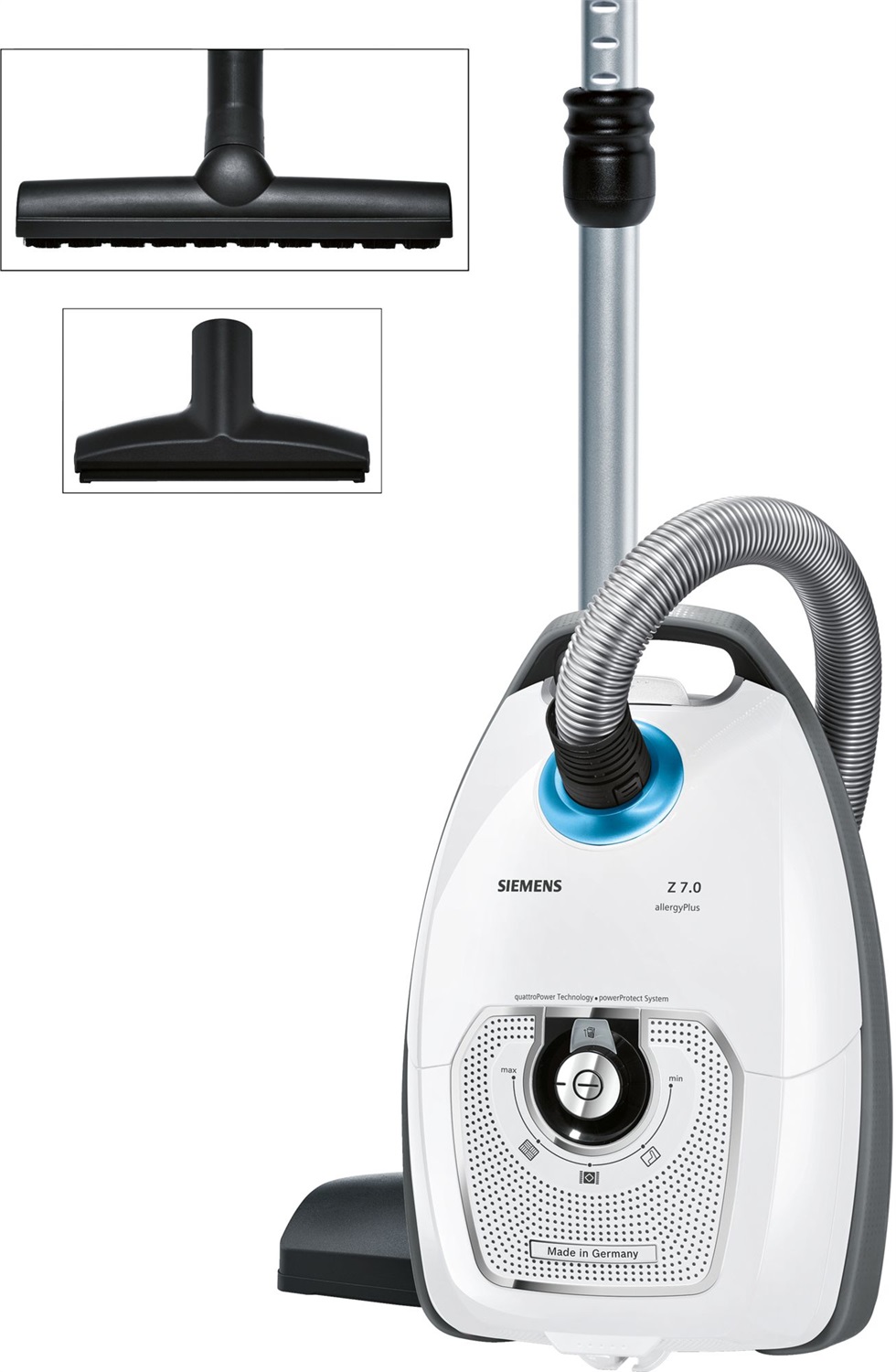 Siemens VSZ7442S Aspirapolvere a Cilindro 650 W con Sacchetto, Capacità 5 L, Allergy Plus, Estremamente Silenzioso, Colore Grigio e Bianco