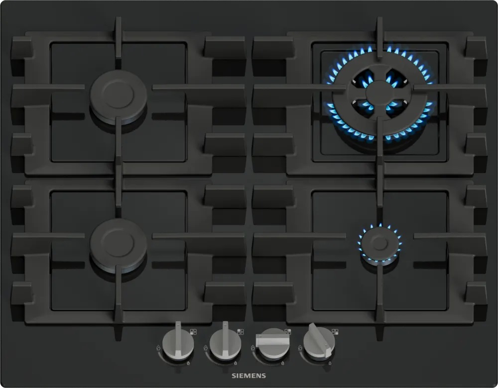 Siemens iQ300 EN6B6HK40 Piano Cottura a Gas 60 cm Nero - 4 Fuochi con Bruciatore Wok, Griglie in Ghisa, Home Connect Wi-Fi