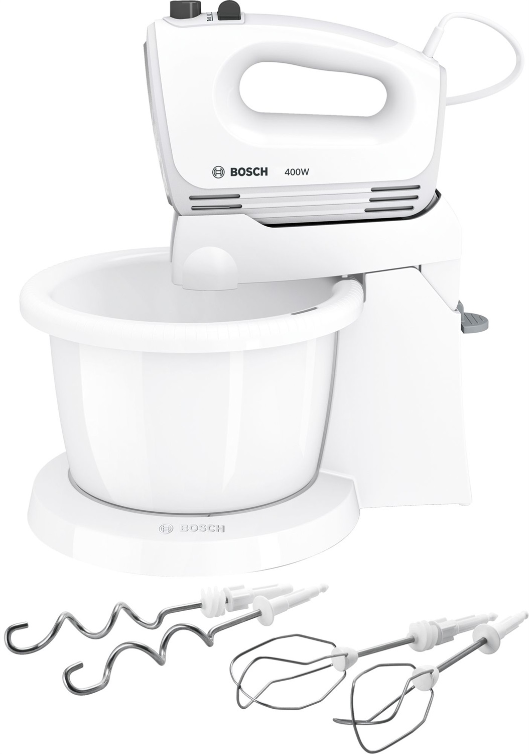 Bosch CleverMixx MFQ2600X - Sbattitore Elettrico con Ciotola da 3 L, 400 W, 4 Velocità e Turbo, Fruste e Ganci in Acciaio Inox