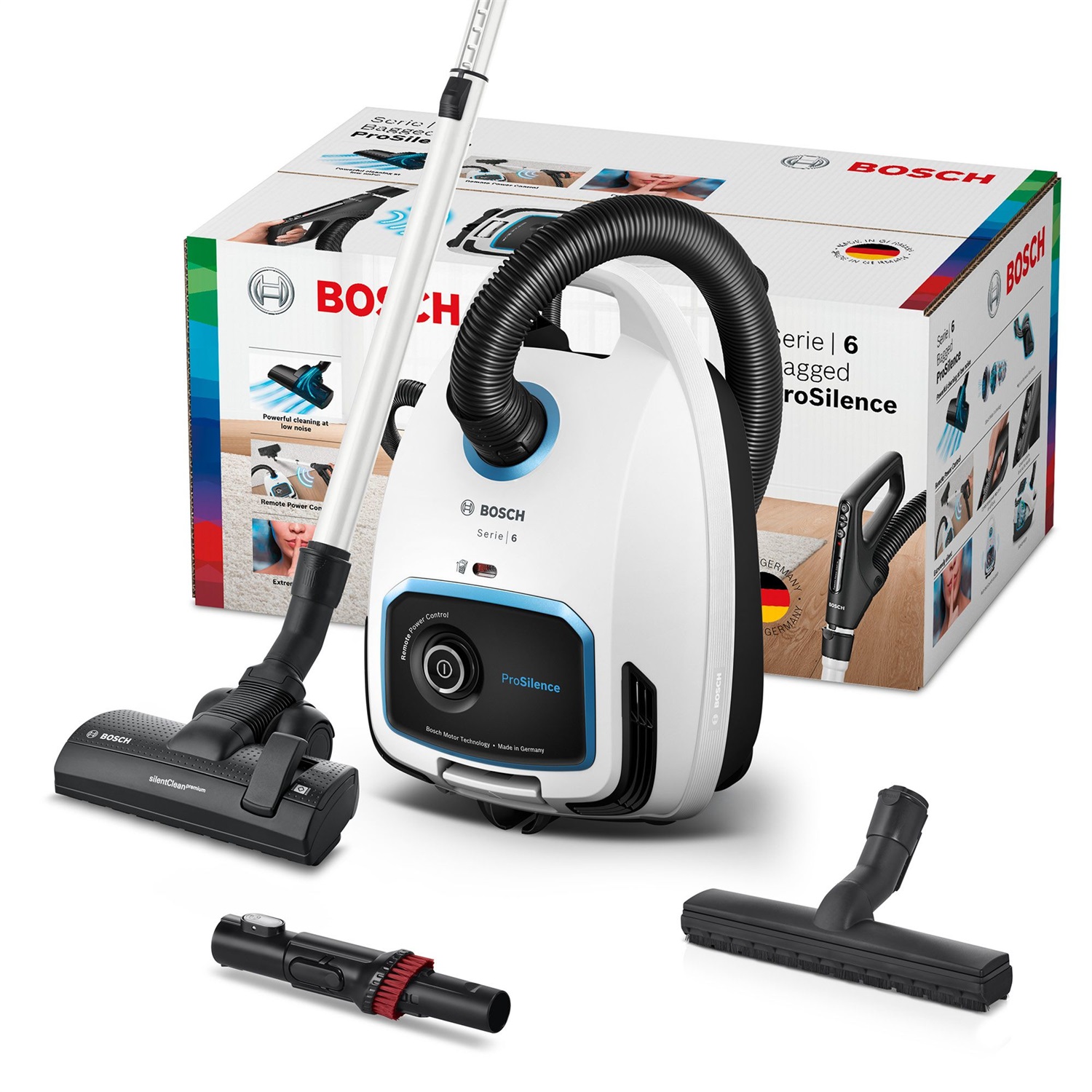 Bosch BGB6SIL1 Aspirapolvere a Traino con Sacco 700W ProSilence Filtro Hepa Remote Power Control Bianco