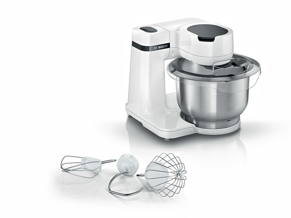 Bosch MUMS2EW00 Robot da cucina Serie 2, 700 W, ciotola in acciaio inox da 3,8 l, 4 livelli di lavoro, movimento planetario 3D, colore Bianco