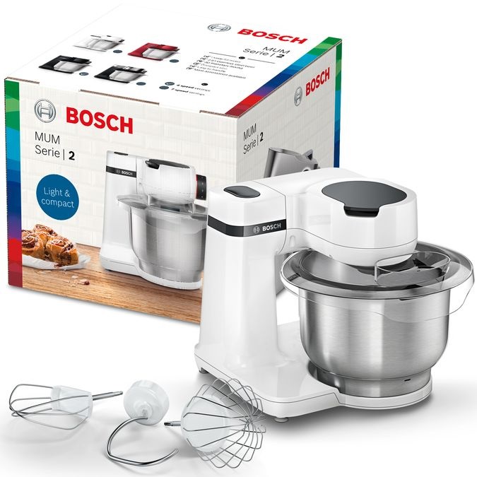 Bosch MUMS2EW00 Robot da cucina Serie 2, 700 W, ciotola in acciaio inox da 3,8 l, 4 livelli di lavoro, movimento planetario 3D, colore Bianco