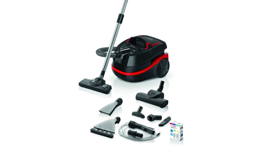 Bosch BWD421POW Serie 4 Aspirapolvere a Traino Senza Sacco - 2100 W, Funzione Secco e Bagnato, Lavaggio Moquette, Nero/Rosso, Filtrazione HEPA