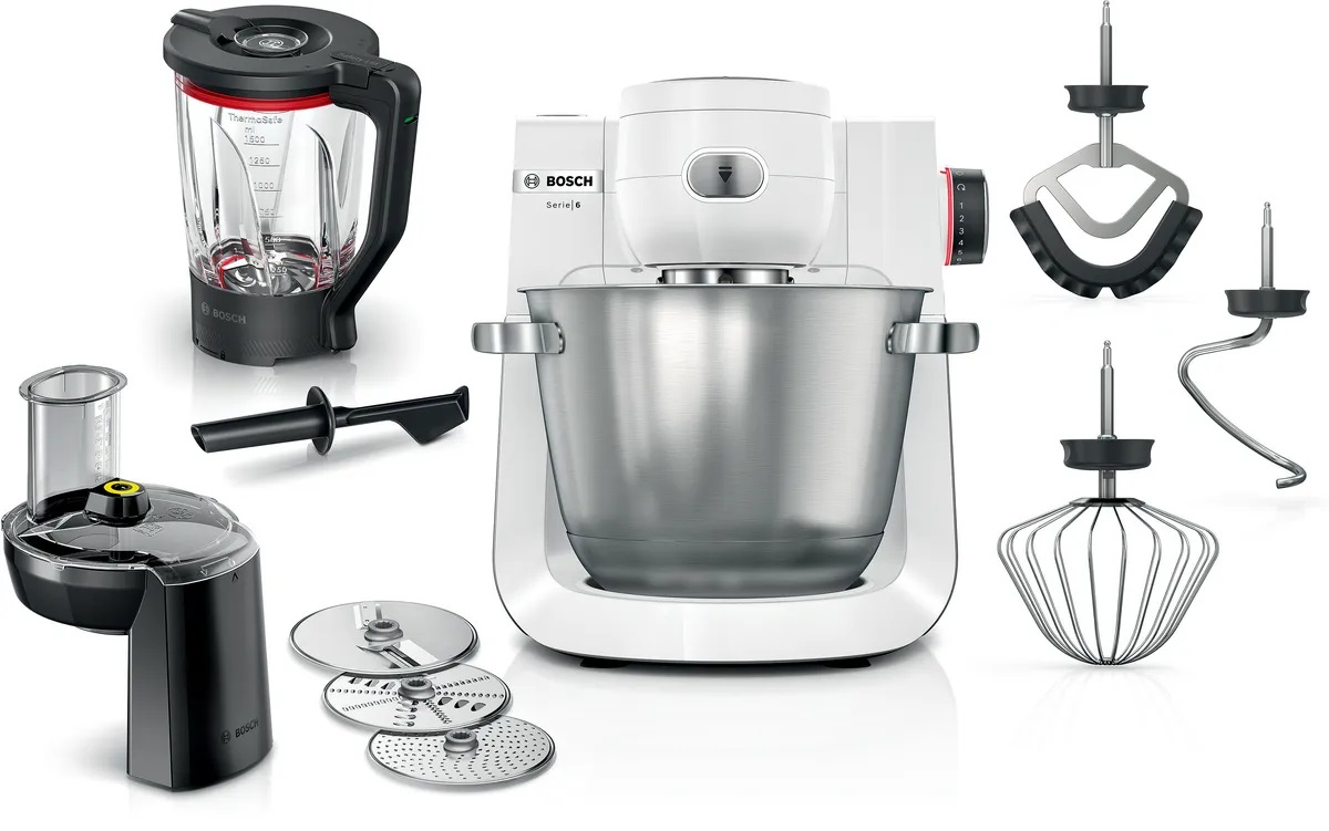 Bosch Serie 6 MUMS6EW22 - Robot da Cucina 1600 W, 5,5 L, Acciaio Inox Bianco/Argento, Sistema di Miscelazione 3D, Set Pasticceria e Tritatutto