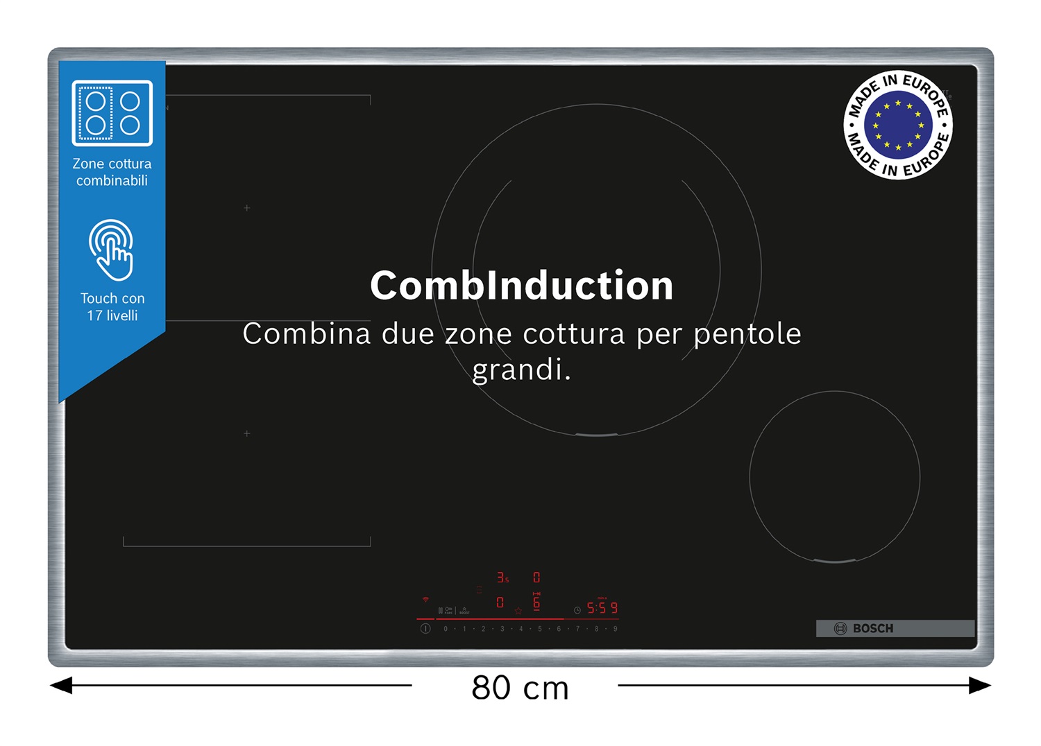 Bosch Serie 6 PVS845HB1E Piano Cottura a Induzione 80 cm Nero, 4 Zone, Vetro-ceramica, Controllo Touch DirectSelect