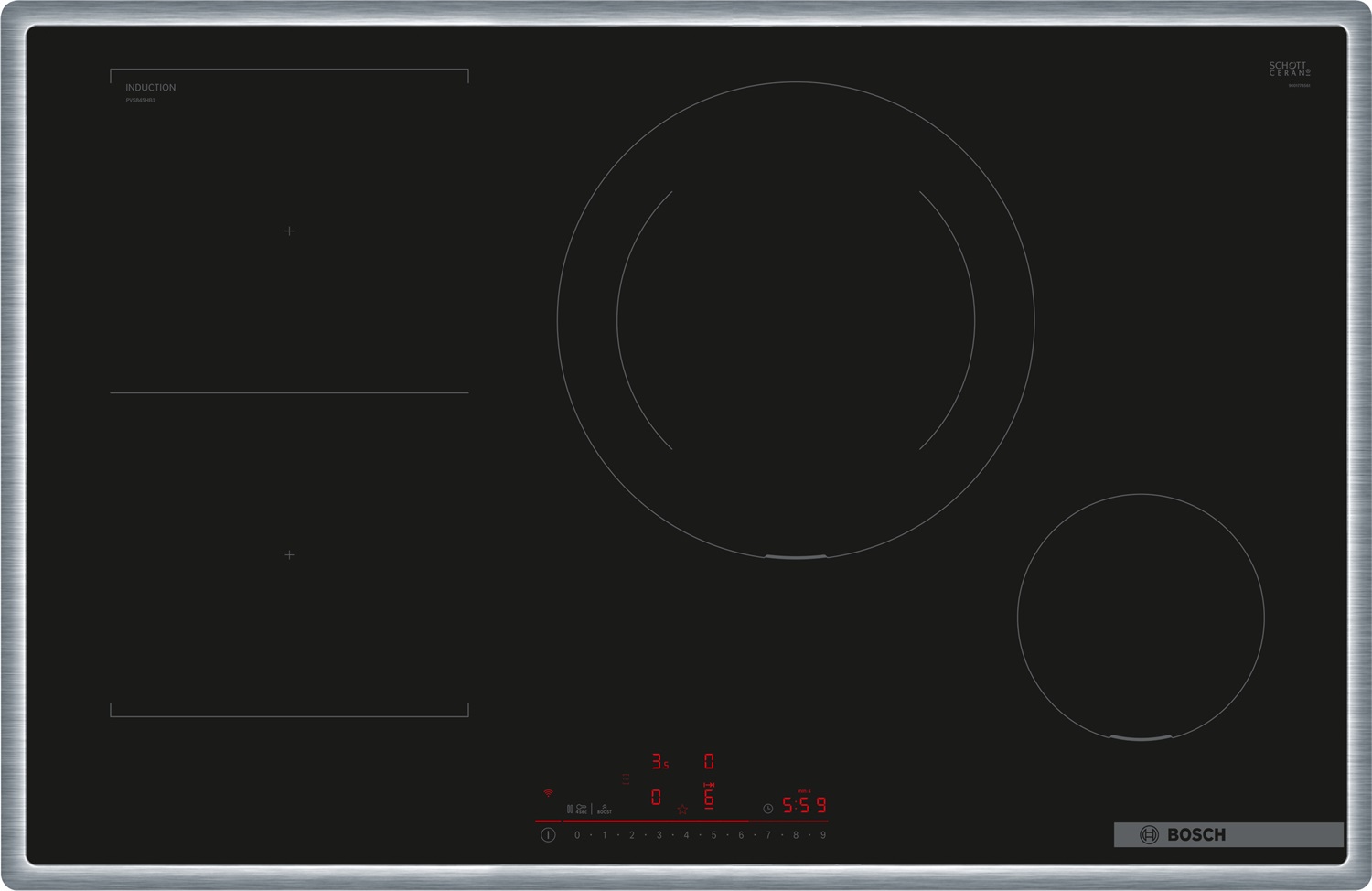 Bosch Serie 6 PVS845HB1E Piano Cottura a Induzione 80 cm Nero, 4 Zone, Vetro-ceramica, Controllo Touch DirectSelect