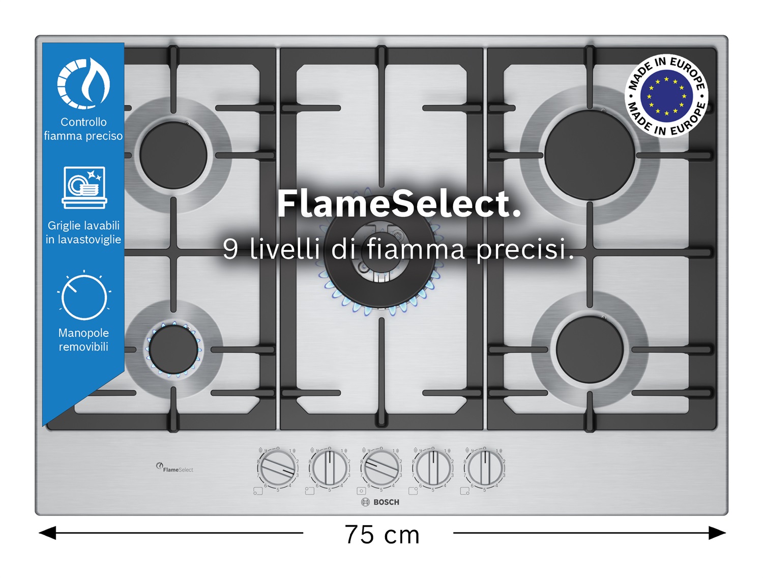 Bosch Serie 6 PCQ7A5I90 Piano Cottura a Gas 75 cm 5 Fuochi con FlameSelect, Manopole Magnetiche Removibili e Griglie in Ghisa