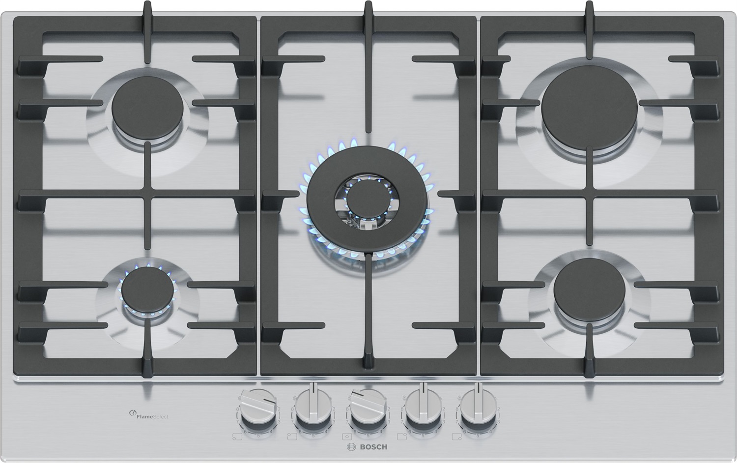 Bosch Serie 6 PCQ7A5I90 Piano Cottura a Gas 75 cm 5 Fuochi con FlameSelect, Manopole Magnetiche Removibili e Griglie in Ghisa