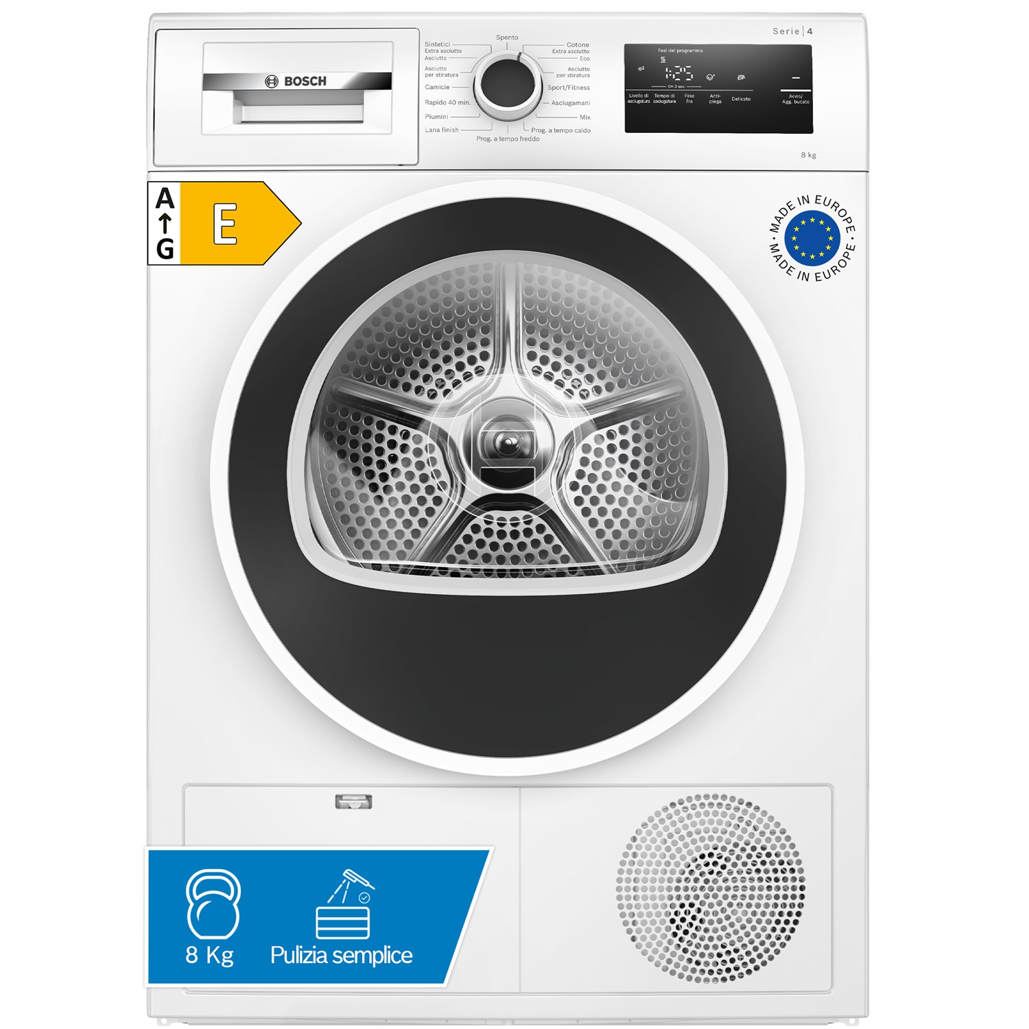 Bosch Serie 4 WTH85208II Asciugatrice a Pompa di Calore 8 kg A Libera Installazione Caricamento Frontale con Auto Dry e Filtro Easy Clean