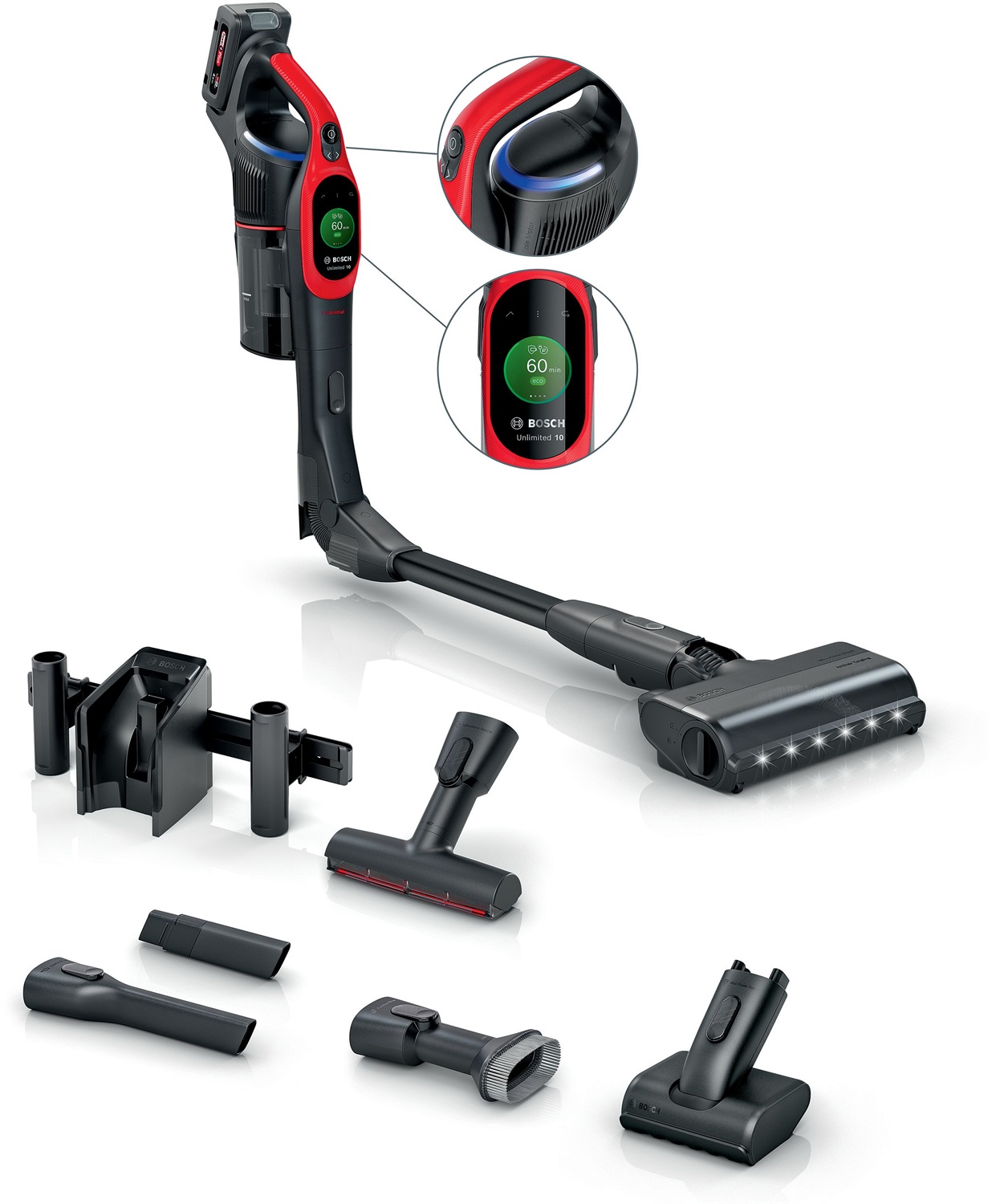 Bosch BCS1041PET Scopa Elettrica Senza Fili Unlimited 10 ProAnimal, Nero e Rosso, Aspirapolvere a Bastone, Senza Sacco, Filtro HEPA, 0,4 L, Autonomia 80 min