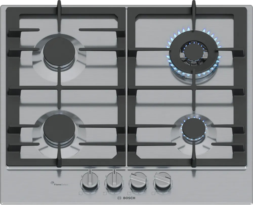 Bosch Serie 6 PCH6A5I95 - Piano Cottura Gas 4 Fuochi con Bruciatore Wok, Acciaio Inox, Da Incasso, 58x52 cm