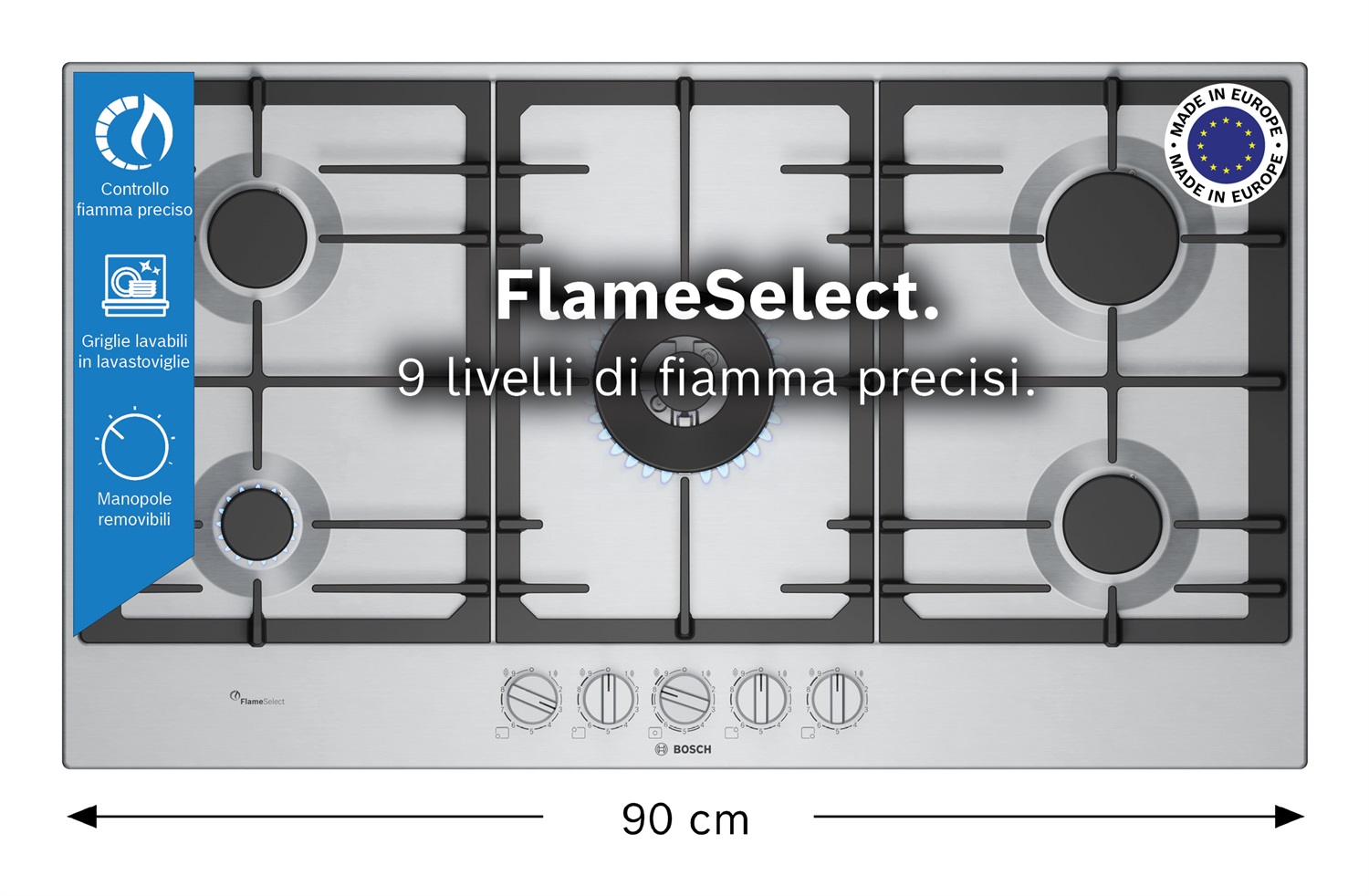 Bosch PCR9A5I90 Serie 6 - Piano cottura a gas 90 cm, Acciaio inox, 5 fuochi, FlameSelect, Manopole rimovibili, Griglie in ghisa