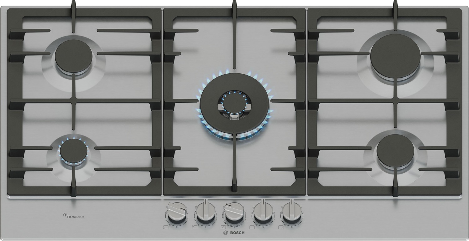 Bosch PCR9A5I90 Serie 6 - Piano cottura a gas 90 cm, Acciaio inox, 5 fuochi, FlameSelect, Manopole rimovibili, Griglie in ghisa