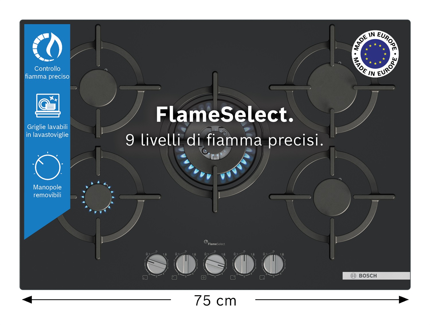Bosch PPQ7A6I10 Serie 6, Piano cottura a gas 75 cm, Vetro temperato, 5 zone cottura, Manopole magnetiche removibili, Flame Select, Nero