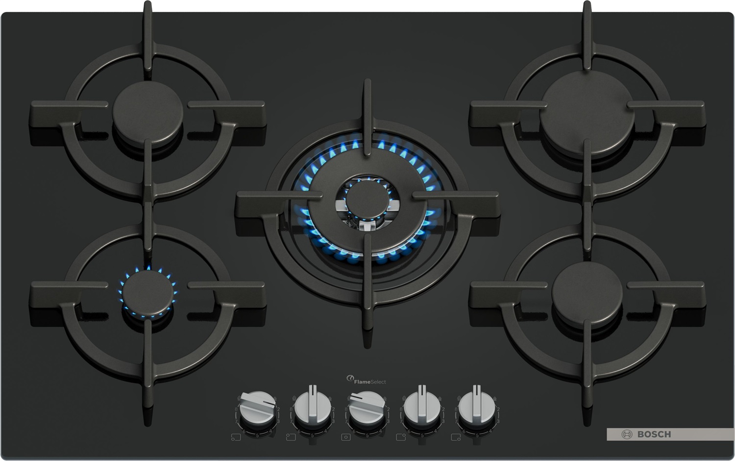 Bosch PPQ7A6I10 Serie 6, Piano cottura a gas 75 cm, Vetro temperato, 5 zone cottura, Manopole magnetiche removibili, Flame Select, Nero