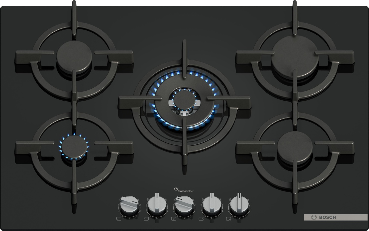 Bosch Serie 6 PPQ7A6I15 - Piano cottura a gas 75 cm in vetro temperato nero con tecnologia FlameSelect e 5 zone cottura
