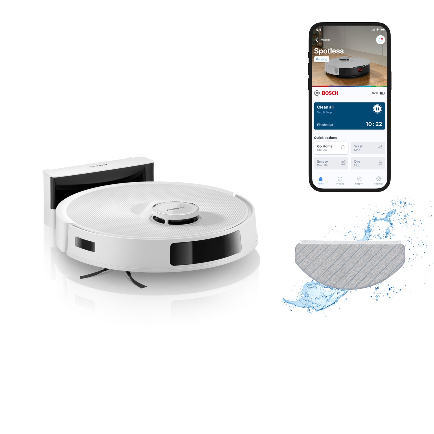 Bosch BCRC2W - Aspirapolvere Robot e Lavapavimenti Spotless Advanced, Bianco, Senza Sacchetto, Capacità 0,4 L