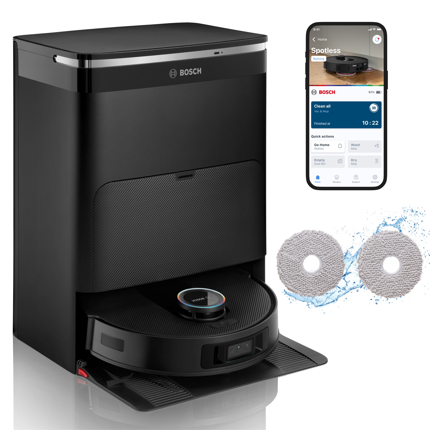 Bosch BCRDW3BX - Robot Aspirapolvere e Lavapavimenti Spotless Max Cam, Nero con Spazzola Carbon Power e Stazione Base Autopulente