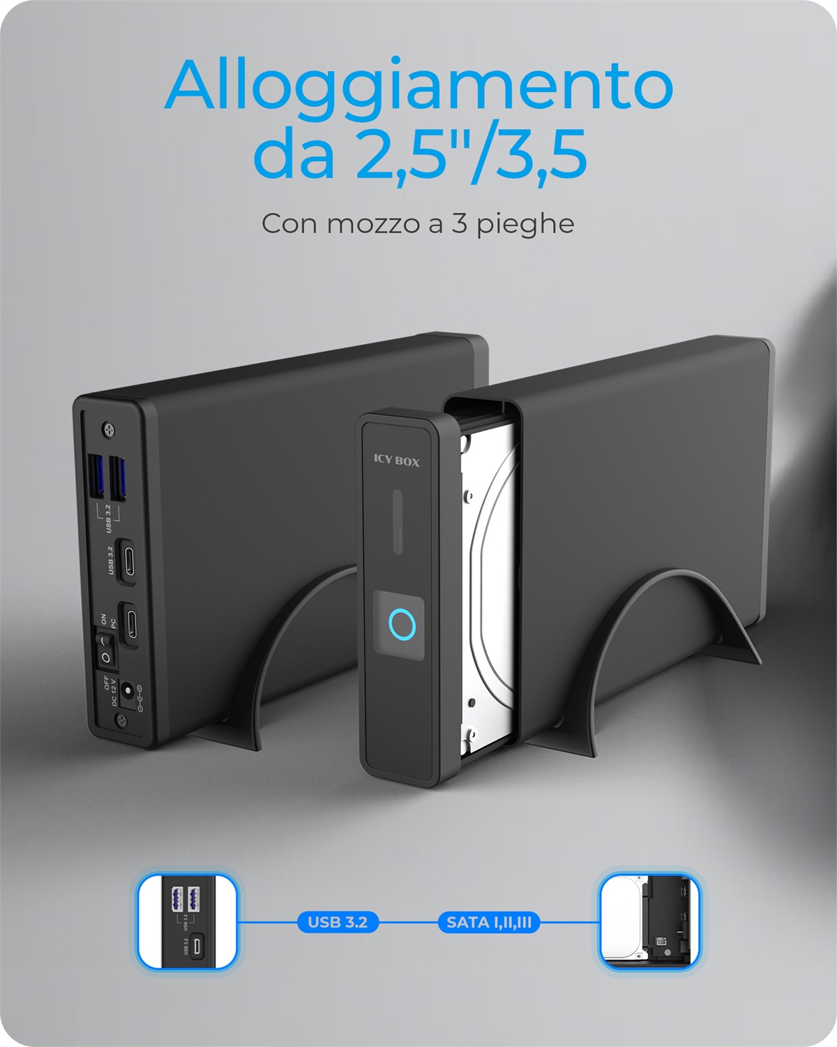 ICY BOX IB-382H-C31 Box esterno HDD/SSD Nero 2.5/3.5 SATA con Hot-swap e velocità 10 Gbit/s