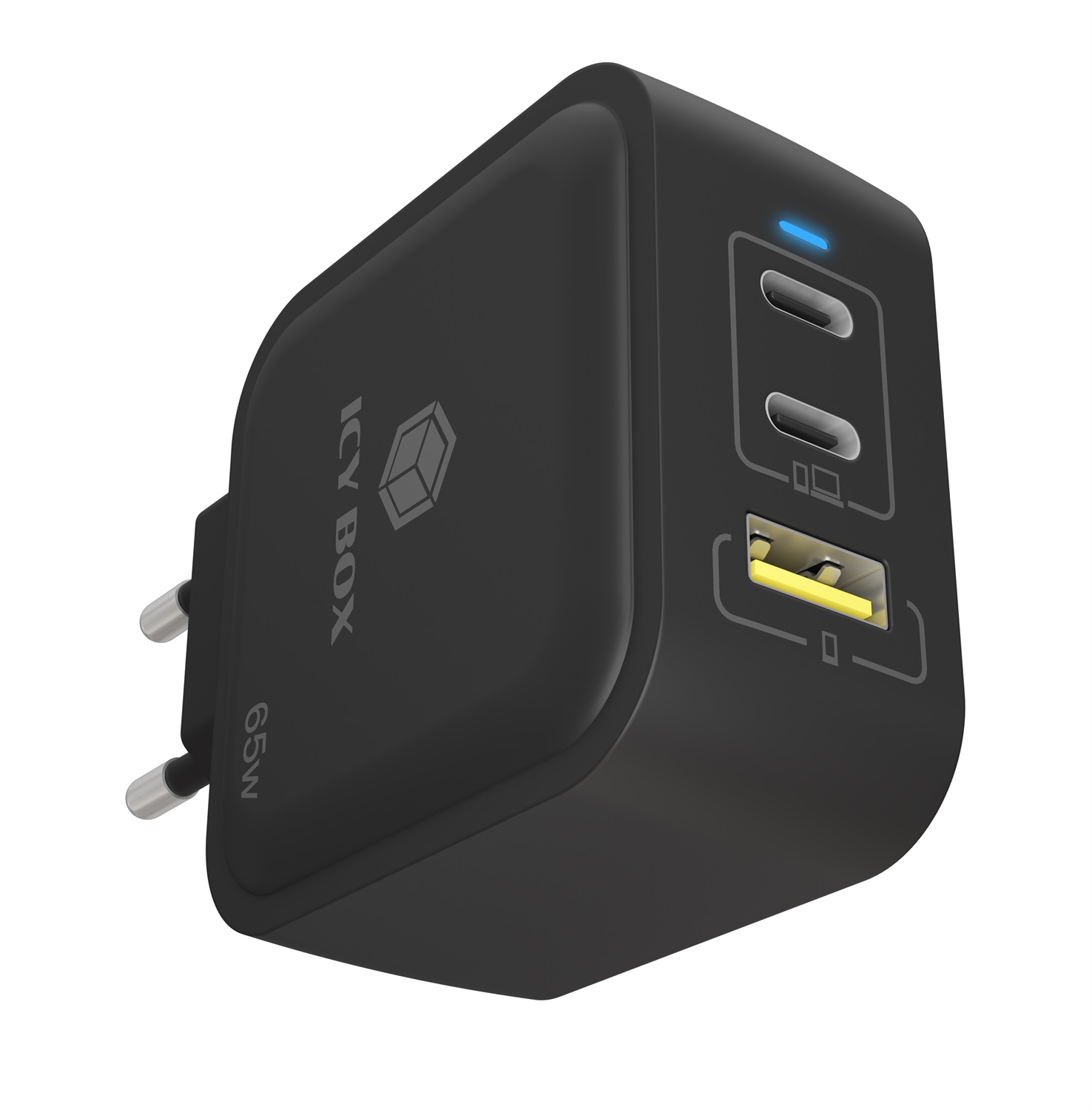 Icy Box Caricabatterie da Parete IB-PS1030-PD 65W con Power Delivery e Quick Charge, Due Porte USB-C, Nero