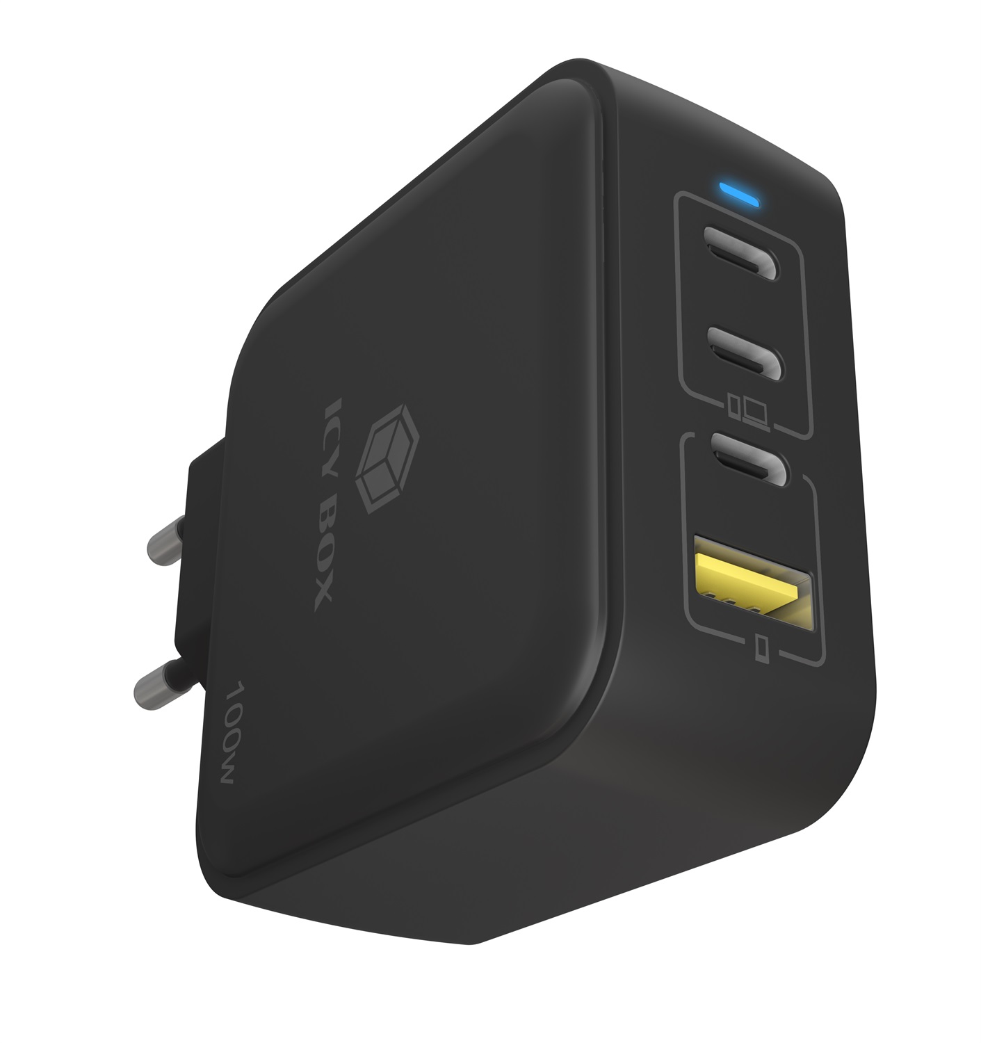 ICY BOX Caricatore GaN 100W - 3 porte USB-C, 1 porta USB-A, Power Delivery 3.0, ricarica rapida, compatto e leggero per smartphone, tablet e notebook
