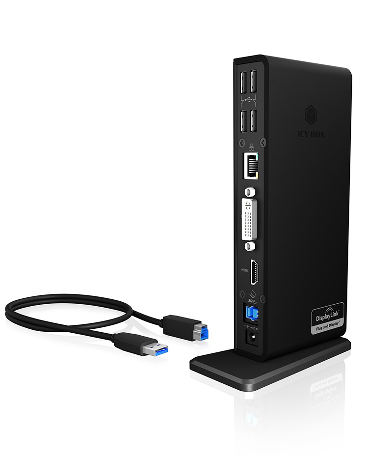 ICY BOX IB-DK2241AC Docking Station 11-in-1 USB 3.0 con HDMI, DVI, 6 porte USB 3.0, Gigabit Ethernet e DisplayLink - Nero