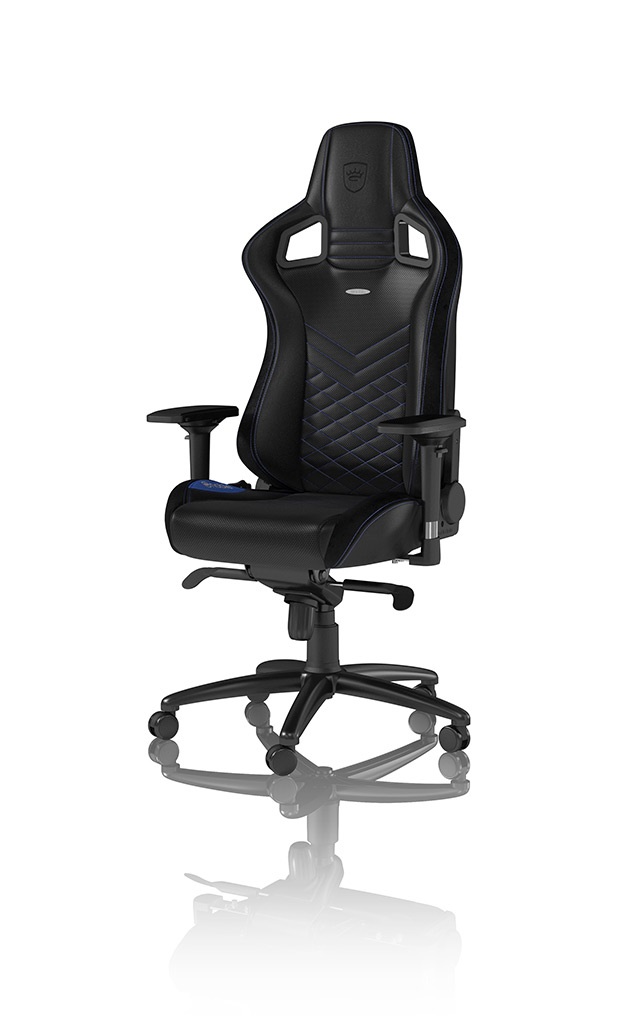 NOBLECHAIRS EPIC Sedia da Gaming e Ufficio - Seduta Imbottita in Ecopelle PU Nero/Blu, Reclinabile 135°, Cuscino Lombare, Max 141 cm