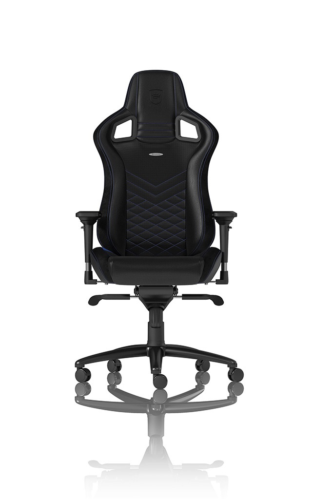 NOBLECHAIRS EPIC Sedia da Gaming e Ufficio - Seduta Imbottita in Ecopelle PU Nero/Blu, Reclinabile 135°, Cuscino Lombare, Max 141 cm