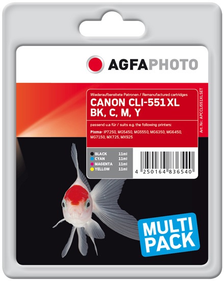 AgfaPhoto APCCLI551XLSET Cartuccia d'Inchiostro Multipack 4 Pezzi - Nero, Ciano, Magenta, Giallo, Resa fino a 5530 Pagine