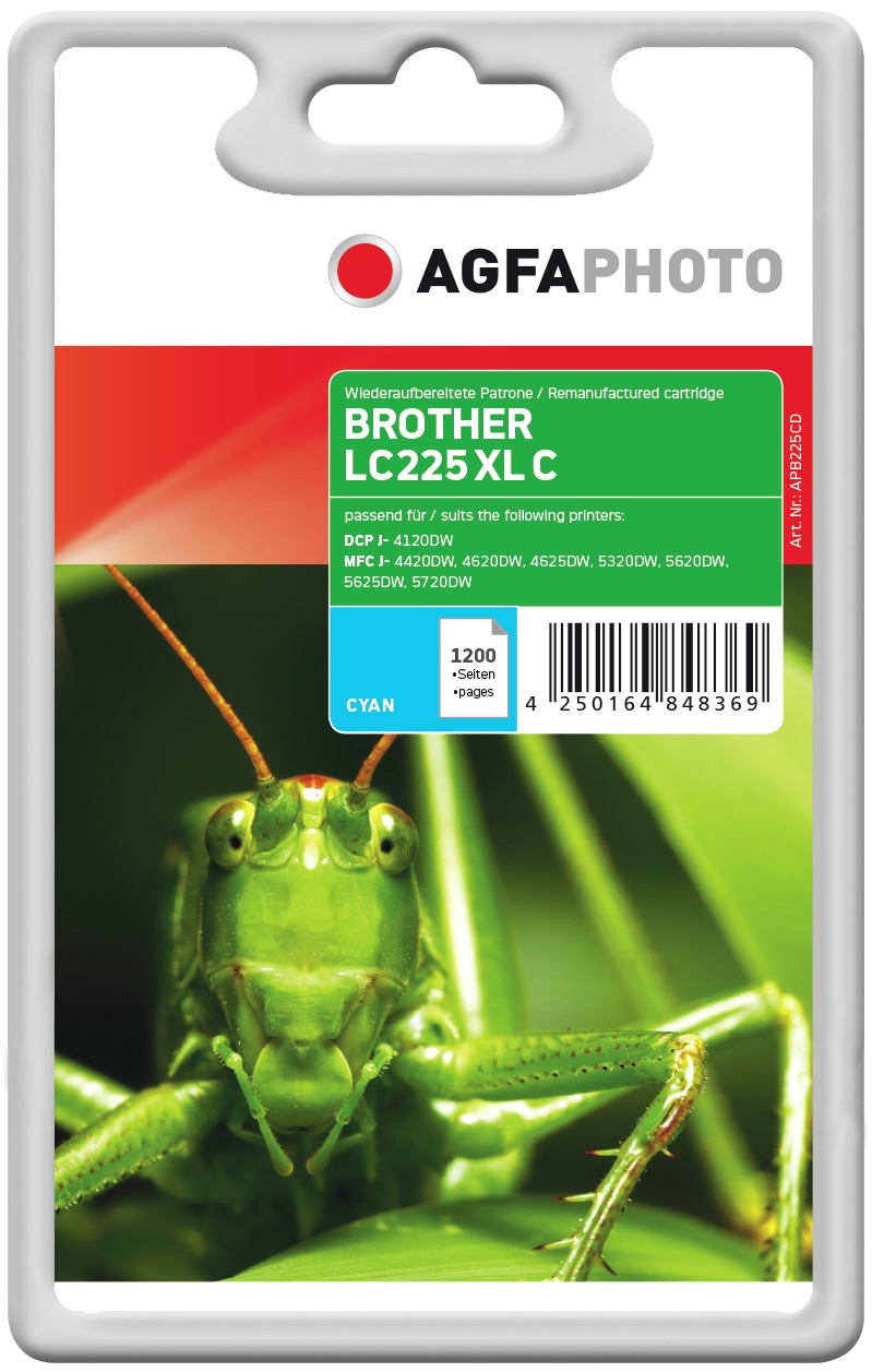 AgfaPhoto APB225CD Cartuccia d'Inchiostro Ciano - 11,8ml, Fino a 1200 Pagine, Compatibile con Brother LC225XLC