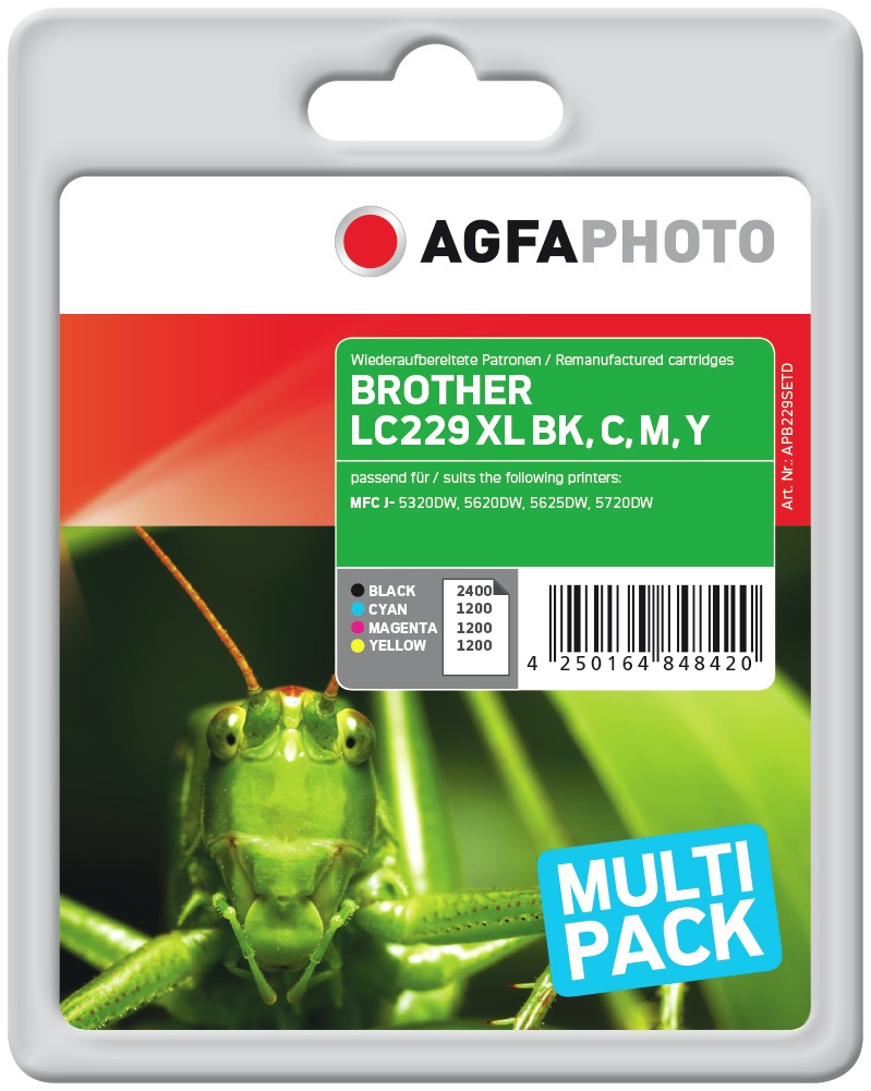 AgfaPhoto APB229SETD Cartuccia d'Inchiostro Multipack Nero, Ciano, Magenta, Giallo - Compatibile con MFC-J5320DW, J5620DW, J5625DW, J5720DW
