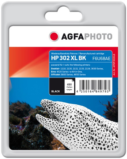 AgfaPhoto APHP302XLB Cartuccia d'Inchiostro Nero - Compatibile con HP, ~480 Pagine, Inchiostro a Base di Pigmento