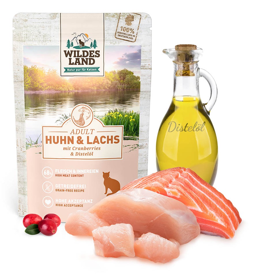 Wildes Land Cibo Umido per Gatti Classic Adult Pollo e Salmone con Olio di Cardamo 100 g - Senza Cereali
