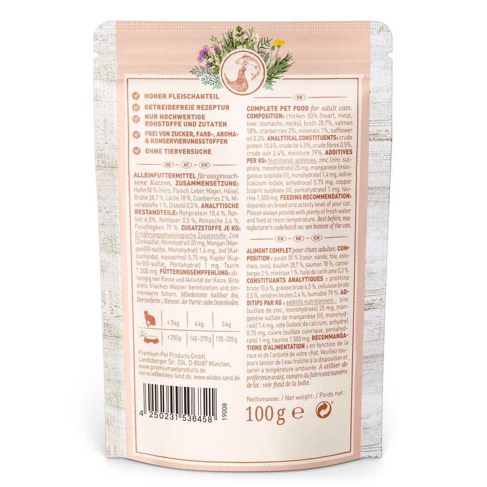 Wildes Land Cibo Umido per Gatti Classic Adult Pollo e Salmone con Olio di Cardamo 100 g - Senza Cereali