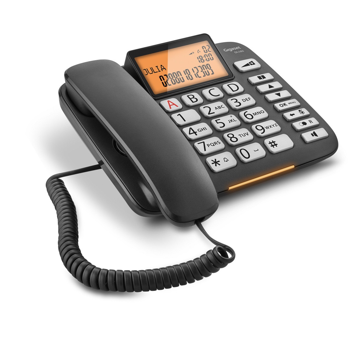 Gigaset DL580 - Telefono Fisso Nero con Ampio Display, Grandi Tasti Ergonomici, Identificatore di Chiamata e Suono Amplificato