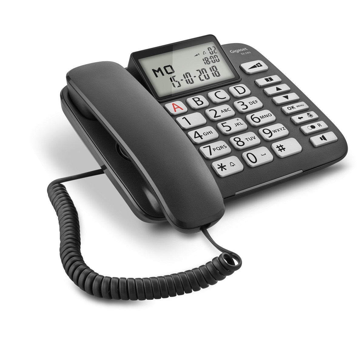 Gigaset DL580 - Telefono Fisso Nero con Ampio Display, Grandi Tasti Ergonomici, Identificatore di Chiamata e Suono Amplificato