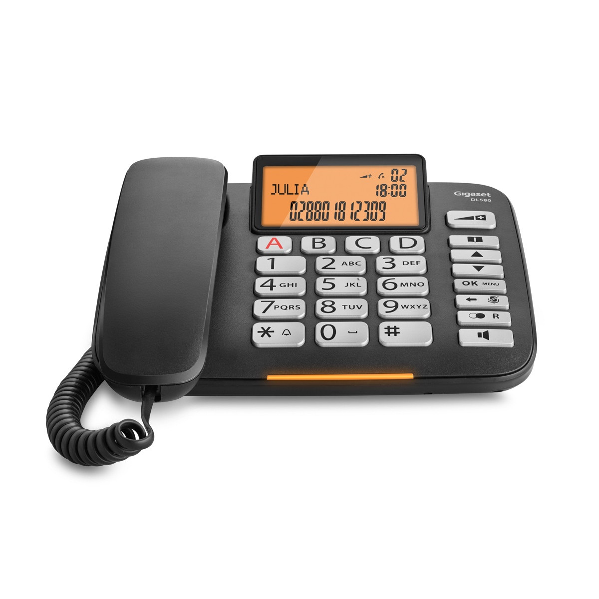 Gigaset DL580 - Telefono Fisso Nero con Ampio Display, Grandi Tasti Ergonomici, Identificatore di Chiamata e Suono Amplificato