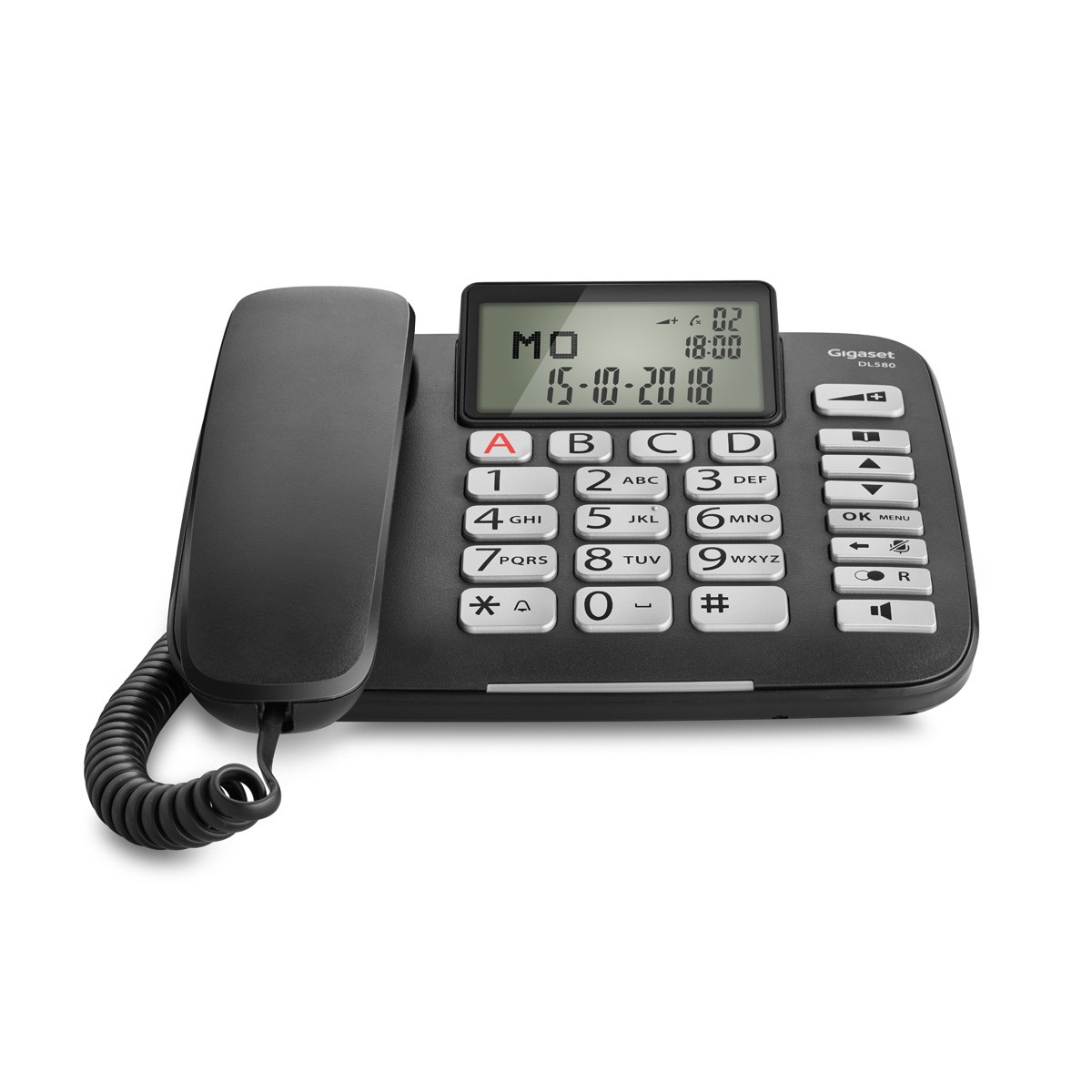 Gigaset DL580 - Telefono Fisso Nero con Ampio Display, Grandi Tasti Ergonomici, Identificatore di Chiamata e Suono Amplificato