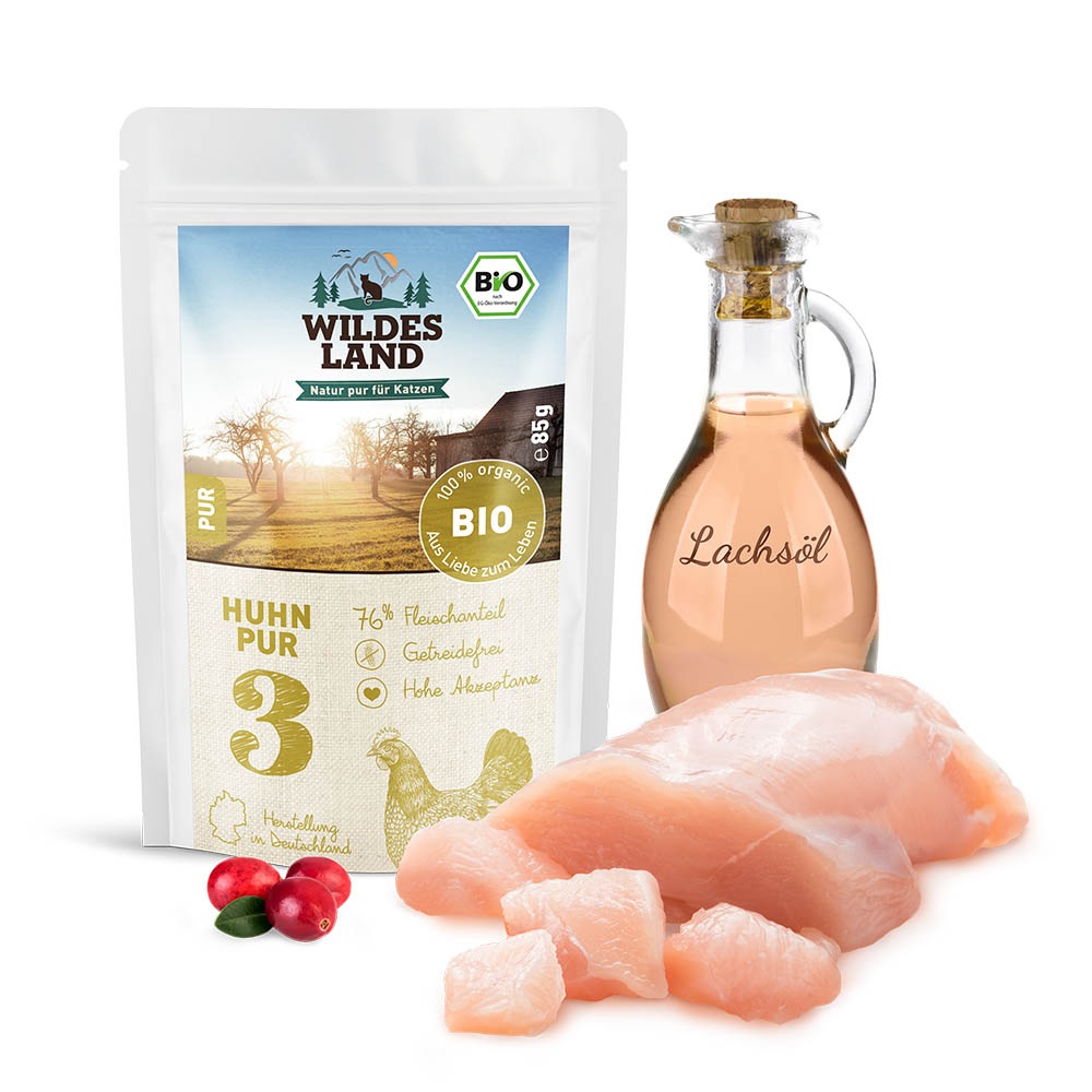 WILDES LAND - Cibo Umido per Gatti Bio al Pollo con Olio di Salmone - 12 Confezioni da 85g