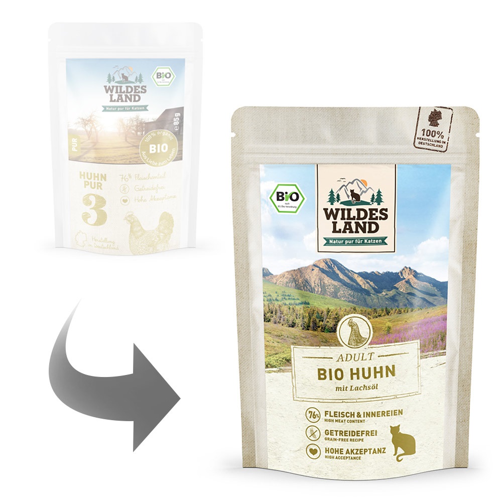 WILDES LAND - Cibo Umido per Gatti Bio al Pollo con Olio di Salmone - 12 Confezioni da 85g