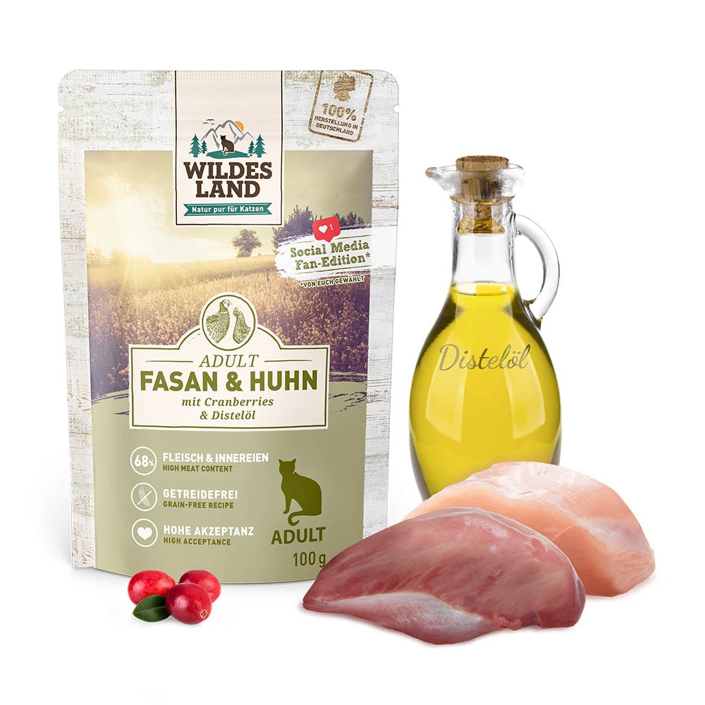 Wildes Land Cibo Umido per Gatti Classic Adult Fagiano e Pollo 100 g - Alto Contenuto di Carne, 100% Senza Cereali