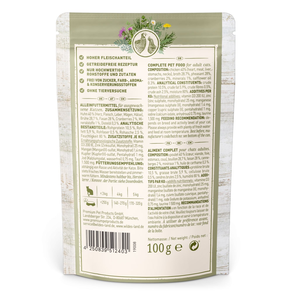 Wildes Land Cibo Umido per Gatti Classic Adult Fagiano e Pollo 100 g - Alto Contenuto di Carne, 100% Senza Cereali