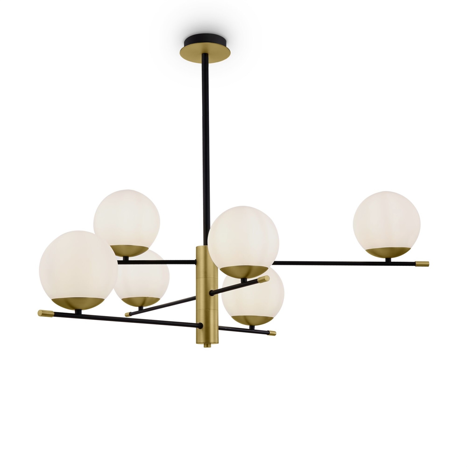 Maytoni Lampadario Pendente Moderno Sputnik 6 Luci Oro e Nero con Paralumi in Vetro Bianco Opaco, Altezza Regolabile