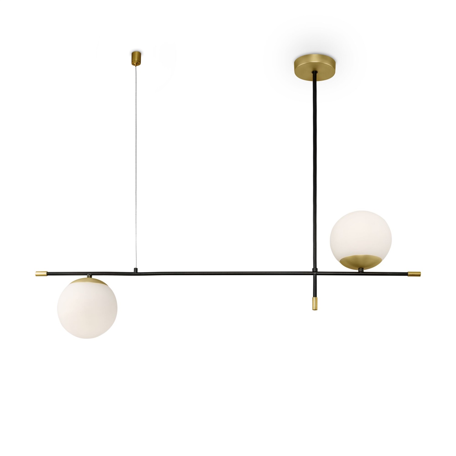 Maytoni Lampada Pendente a Sospensione Serie Nostalgia, Paralumi in Vetro Bianco Opaco, Struttura in Metallo Nero e Oro, 2xE14, Altezza 76 cm, Lunghezza 95 cm, Diametro Paralume 15 cm