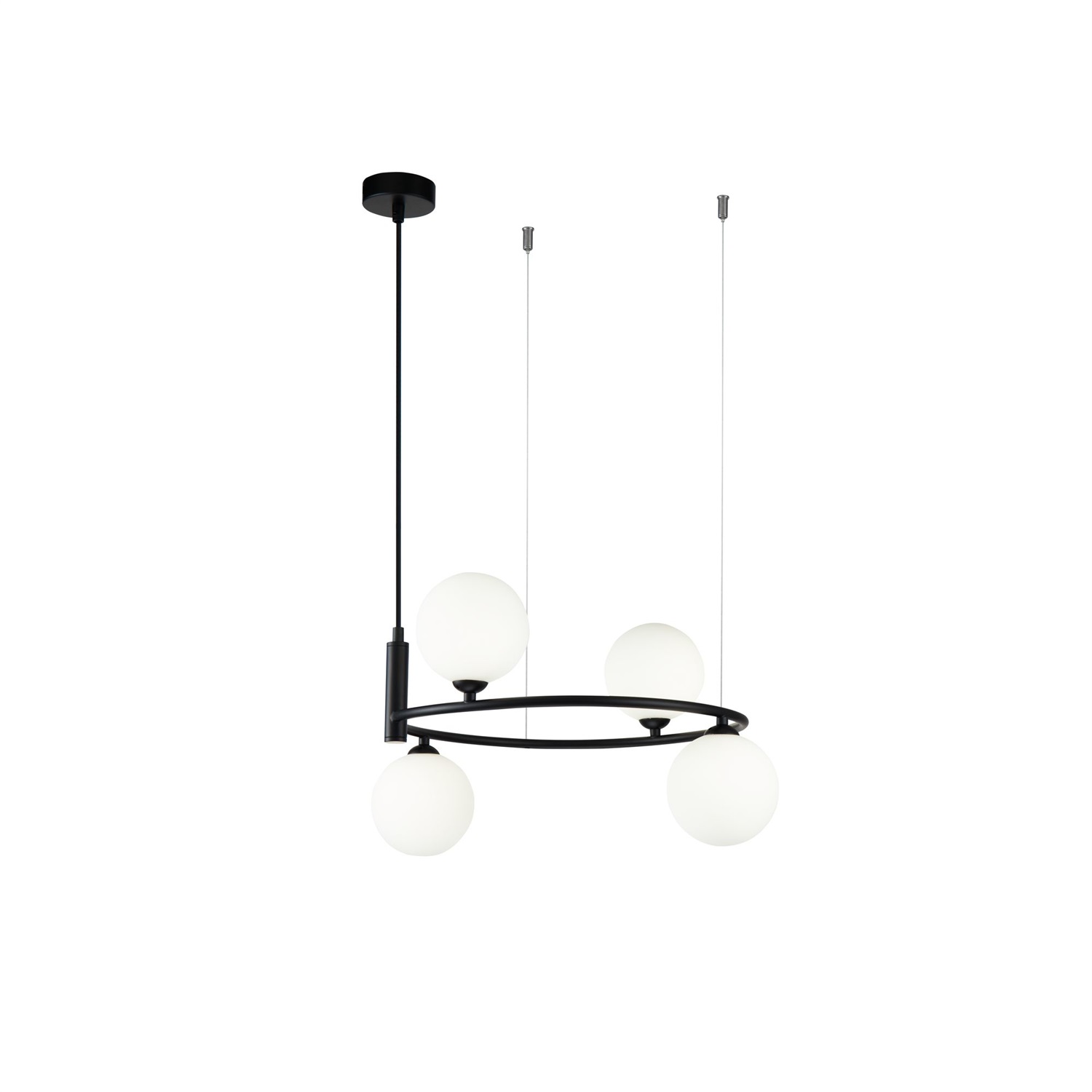 Maytoni MOD013PL-04B Lampadario Pendente da Soffitto Nero con 4 Luci G9, Altezza Regolabile, Design Nordico e Diffusori Sferici in Vetro Bianco Opaco