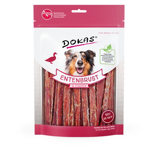 Dokas Petto d'Anatra in Strisce per Cani e Gatti - 250 g, 100% Carne, Basso Contenuto di Grassi, Senza Cereali, Soia e Glutine